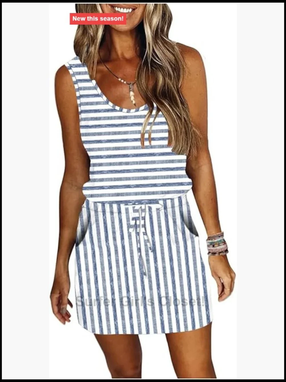 Striped Sleeveless Sundress with Pockets Tie Front A-Line Mini Dress